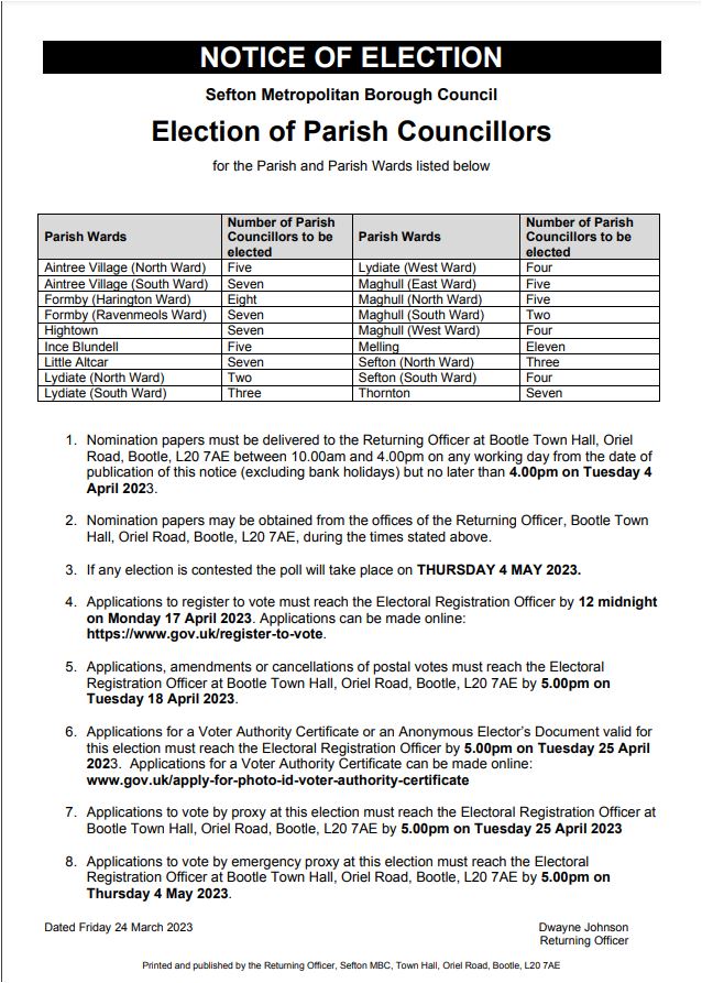 Notice of Election of Parish Councillors 4 May 2023