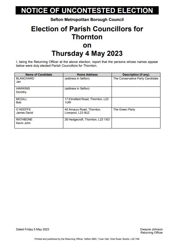 Notice of Uncontested Election 4 May 2023
